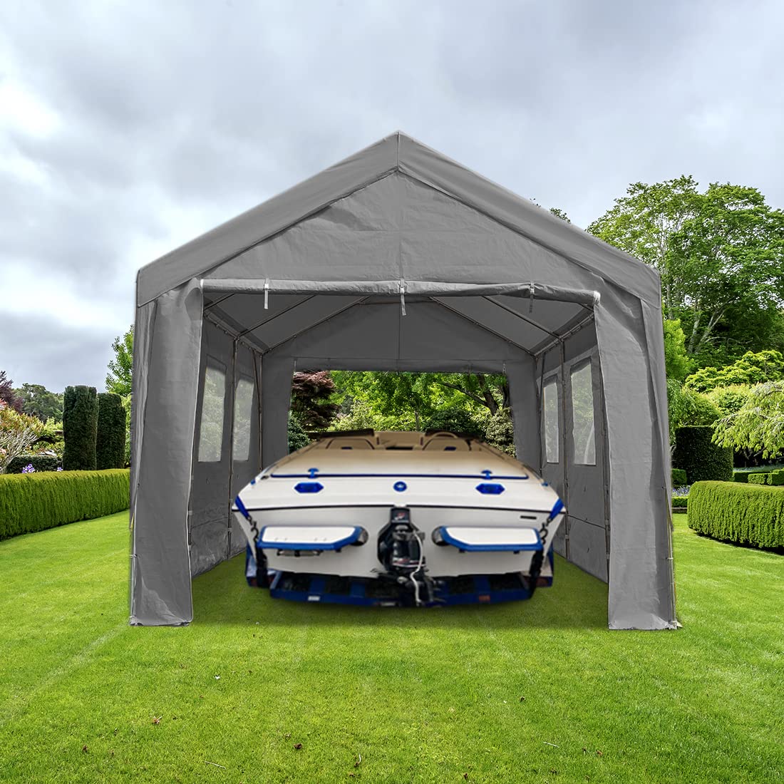 ADVANCE OUTDOOR Abri de voiture réglable robuste de 12 x 20 pieds avec 6 fenêtres ventilées enroulables et parois latérales amovibles, auvent de voiture, garage, abri de bateau, tente de fête, hauteur maximale de 9,5 pieds à 11 pieds, gris (020GY) 12'x20' 