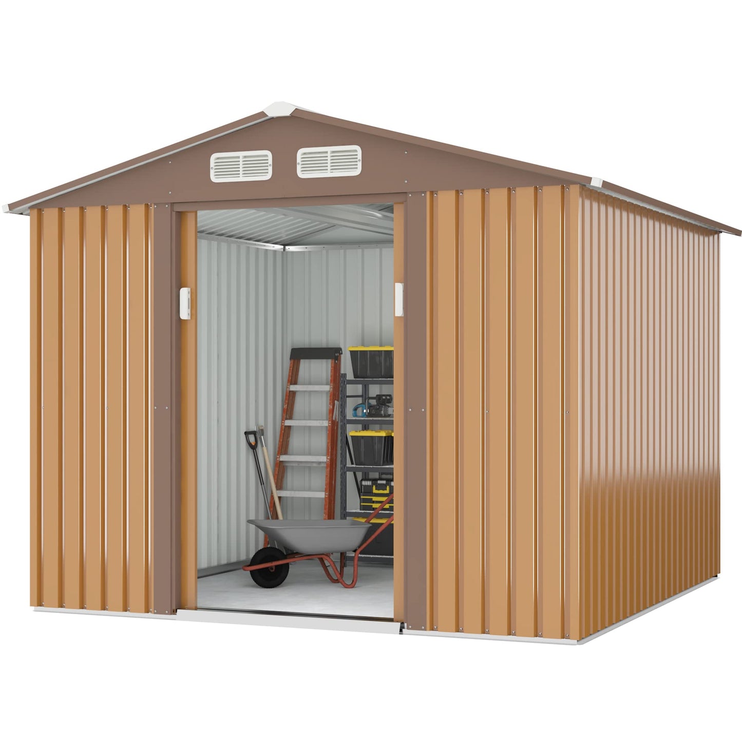 HOGYME Storage Shed 8' x 8' Outdoor Garden Shed Metal Shed Suitable for Storing Garden Tool Lawn Mower Ladder Coffee 8x8