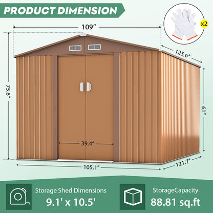 JAXPETY Grand abri de rangement extérieur de 9,1 x 10,5 pieds, abri de jardin en métal galvanisé avec doubles portes verrouillables et cadre de sol pour jardin, terrasse, arrière-cour, pelouse, café 9,1 x 10,5 