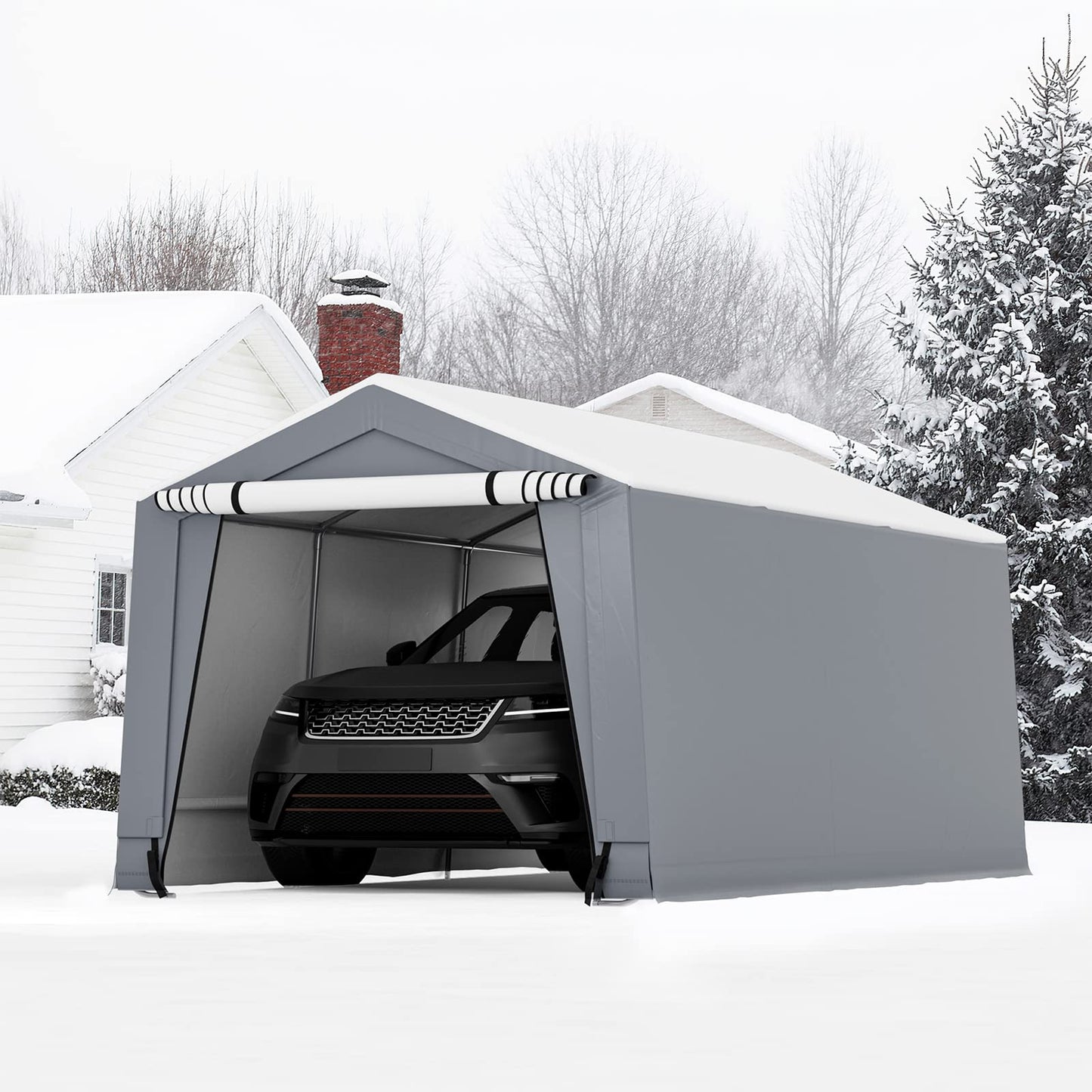 Tangkula Abri de voiture robuste de 3 x 4,9 m, garage portable extérieur avec poutres triangulaires renforcées, cadre en acier galvanisé, auvent de voiture en métal toutes saisons avec 2 portes amovibles pour voiture, camion, SUV, bateau 