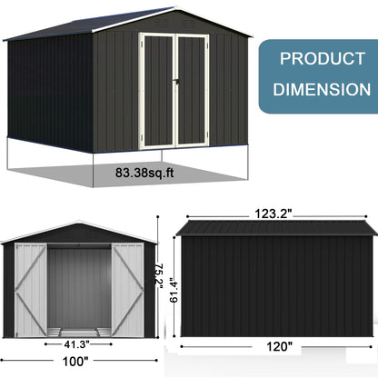 Abri de rangement extérieur de 8 x 10 pieds, remise à outils utilitaire en acier et métal avec doubles portes verrouillables et grille d'aération pour jardin, patio, pelouse (noir) Noir 