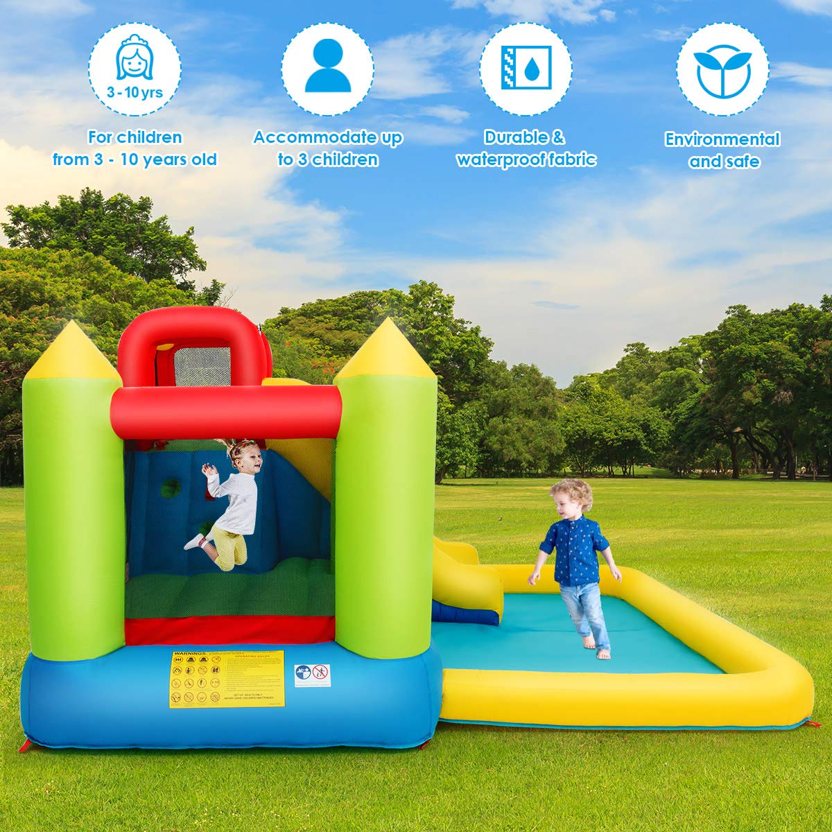 Costzon Inflatable Water Slide, Water Bounce House Combo for Kids Outdoor Fun with Large Jumping Area, Climbing Wall, Splash Pool, Blow up Waterslides Park Inflatable for Kids Backyard Party Gifts without blower