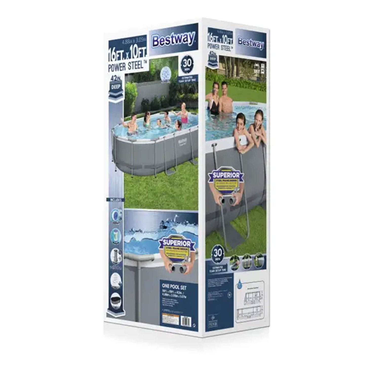Bestway Power Steel 16' x 10' x 42" Rectangular Metal Frame Above Ground Swimming Pool Set with 1000 GPH Filter Pump, Ladder, and Pool Cover 16' x 10' x 42"