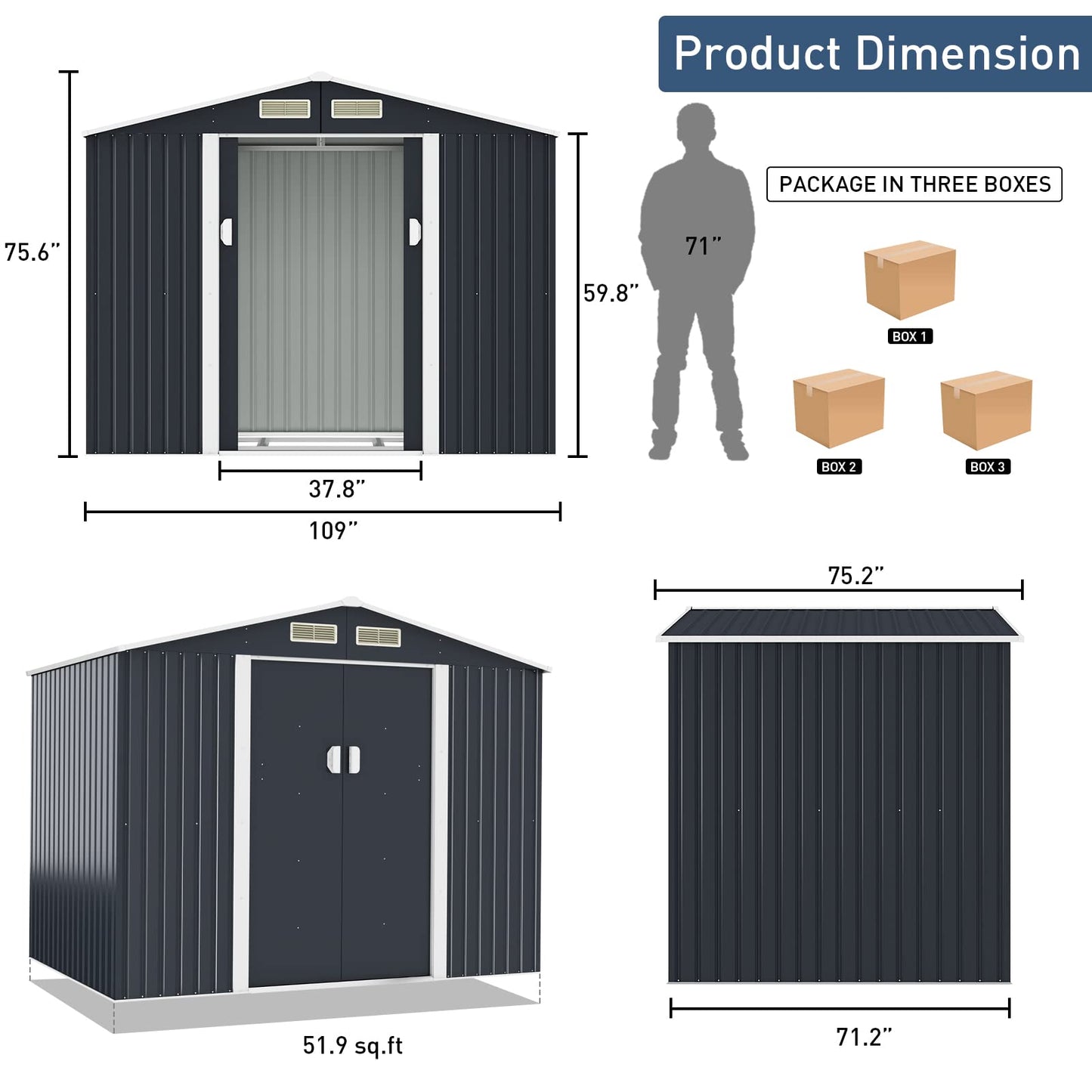 HOGYME Abri de rangement de 9,1' x 6,3', abris de jardin et rangement extérieur avec double porte coulissante/verrouillable, abri à outils en métal pour jardin, cour, terrasse, pelouse, gris 9 x 6 