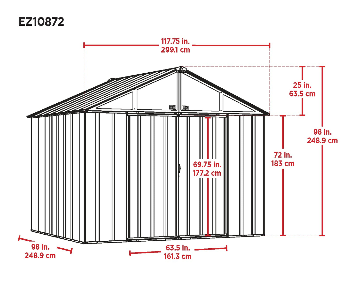 Arrow Hangar de rangement en acier à pignon très haut, 10 pi x 8 pi, EZEE Shed, charbon de bois 