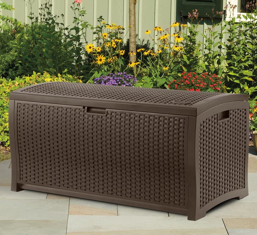 Suncast Boîte de rangement pour terrasse extérieure en osier de résine imperméable de 73 gallons, paquet de 3 boîtes de terrasse (paquet de 3) 