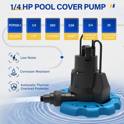 Pompe de couverture de piscine automatique Acquaer 1/4 HP, pompe submersible 115 V avec adaptateur de clapet anti-retour 3/4" et cordon d'alimentation de 7,6 m, élimination de l'eau 2250 GPH pour piscine, bains à remous, toits, lits d'eau et plus encore.