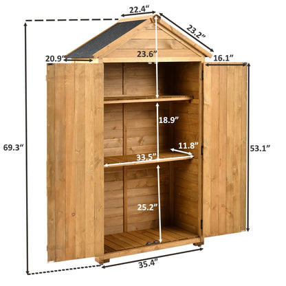 Outdoor Storage Shed with Floor, Wooden Storage Cabinet Waterproof, Garden Tool Shed with 3-Tier Shelves, Outside Vertical Shed with 2 Double Doors & Adjustable Legs, Fir Wood, Lockable (Natural) 35.4 x 22.4 x 69.3 Natural with 3 Tier Shelves & 2 Door