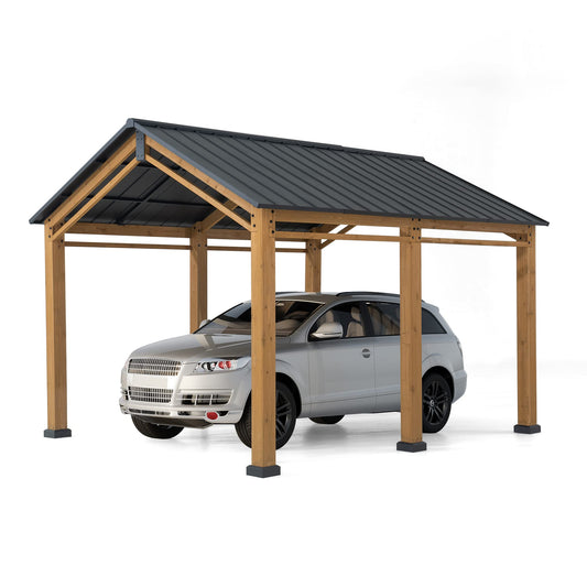 Sunjoy Abri d'auto en bois 3 x 4 m. Tonnelle d'extérieur, abri de garage robuste avec toit en acier et cadre en bois, abri d'auto en cèdre à toit à pignon pour voitures et équipements extérieurs par AutoCove, noir noir/couleur bois 3 x 4 m. 