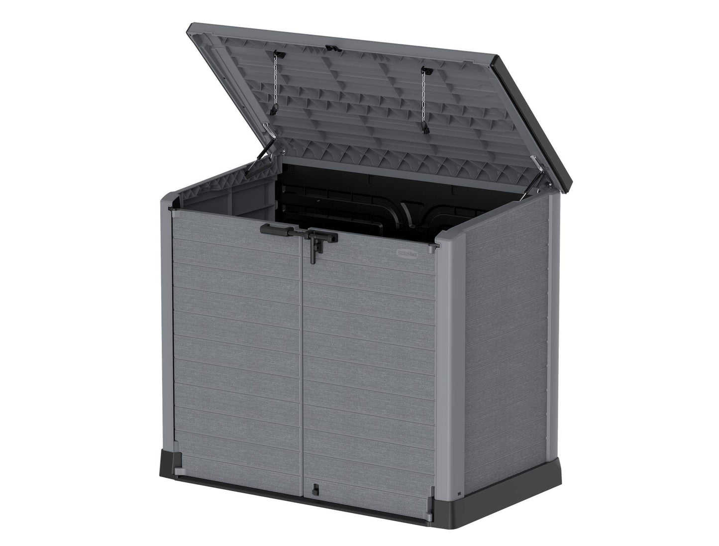 Duramax Cedargrain StoreAway Abri de Jardin en Plastique 1200 L/Couvercle Plat – Abri de Rangement extérieur pour vélo – Construction Durable et Solide – Idéal pour Outils, vélos, BBQ et 2 Poubelles de 240 L, 145 x 85 x 125 cm, Gris 