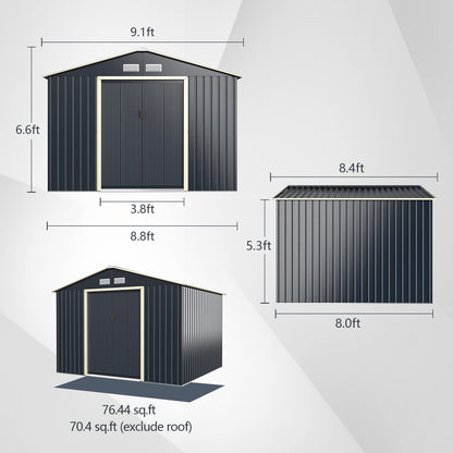 Goplus Abri de rangement extérieur en métal 9' x 8' avec 4 aérations et double porte coulissante, abri de rangement pour outils utilitaires pour jardin, patio, pelouse 9' x 8' 