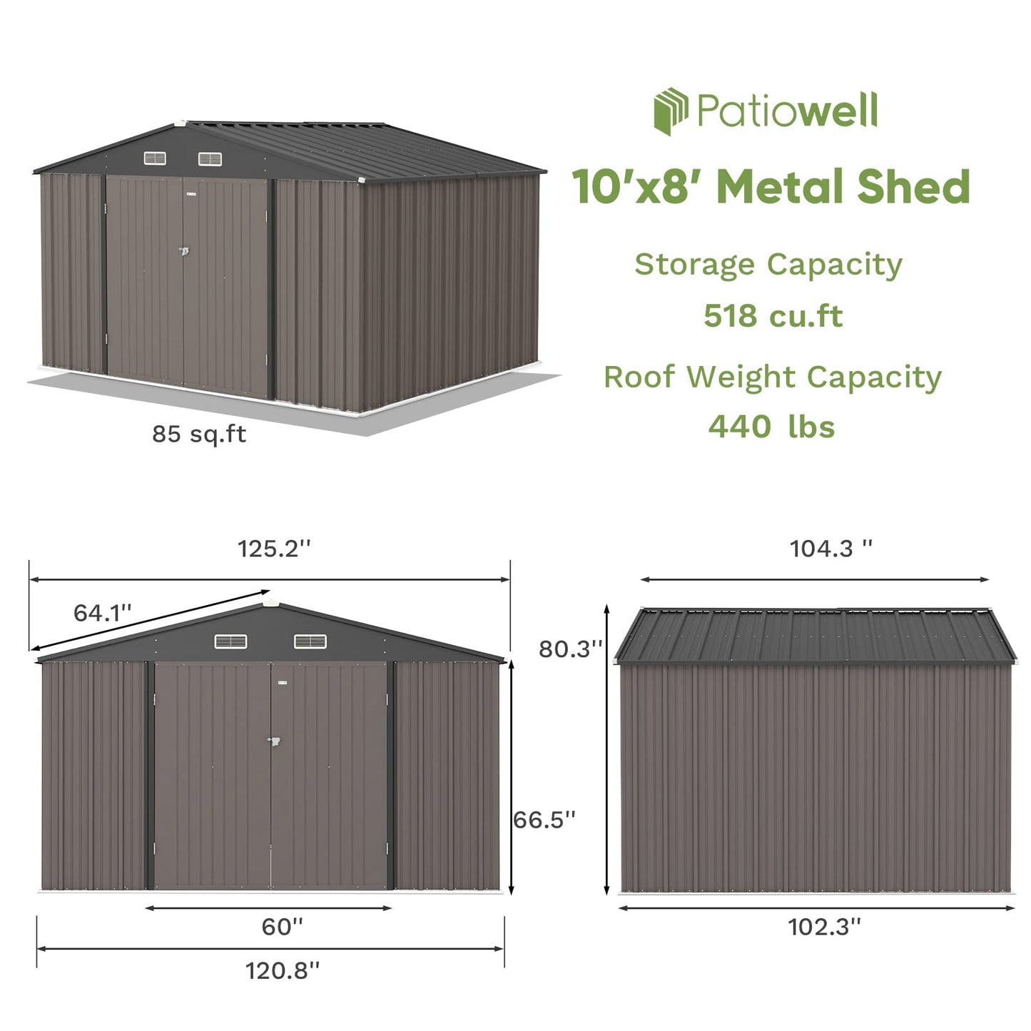 Patiowell Abri de rangement extérieur de 3 x 2,4 m, grand abri de jardin en métal avec toit incliné et double porte verrouillable, abri extérieur pour jardin, terrasse, pelouse, marron 3 x 2,4 m 