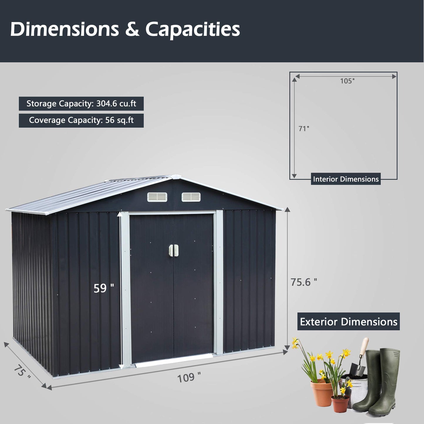 JAXSUNNY 6 x 9 FT Outdoor Metal Storage Shed w/ Floor Frame, Utility Tool Shed House for Patio Backyard Lawn Pool Equipment, Lawnmover Shed with Sliding Doors, 4 Vents & Apex Roof (Dark Gray) Dark Gray