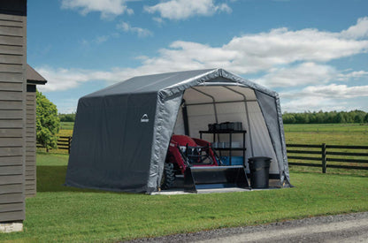 ShelterLogic Abri de rangement extérieur extra haut avec toit en métal en acier toutes saisons avec housse imperméable et ancrages à tarière réutilisables robustes 3,7 x 3,1 x 2,4 m, gris 