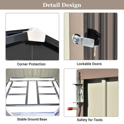 Plawden Abri de rangement extérieur en métal de 2,4 x 1,8 m, abri de jardin pour vélo, avec étagère réglable et portes verrouillables, armoire à outils avec aérations et cadre de fondation pour cour, pelouse, jardin, marron 2,4 x 1,8 m 