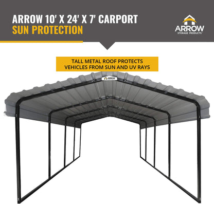 Arrow CPHC102407 Abri multi-usage en acier galvanisé robuste, abat-jour, abri d'auto, 10' x 24' x 7', abri d'auto uniquement, charbon de bois 10' x 24' x 7' 