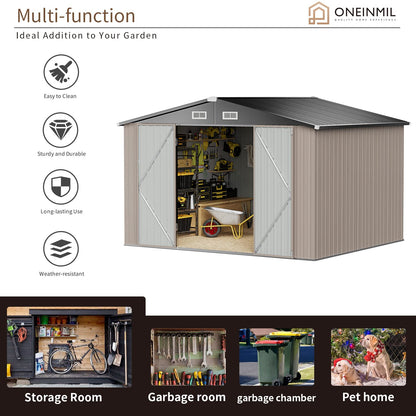 oneinmil Storage Shed 8'x10' Outdoor Garden Storage Shed, Galvanized Steel Metal Garden Shed with Air Vent and Hinged Door Utility Tool Storage House for Garden, Backyard, Patio, Lawn Brown 8x10ft