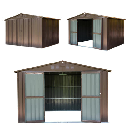 Domi Outdoor Storage Shed 10' x 8', Metal Steel Utility Tool Shed Storage House with Double Lockable Doors & Air Vents for Backyard Patio Garden Lawn Brown 10'x 8'(Brown)