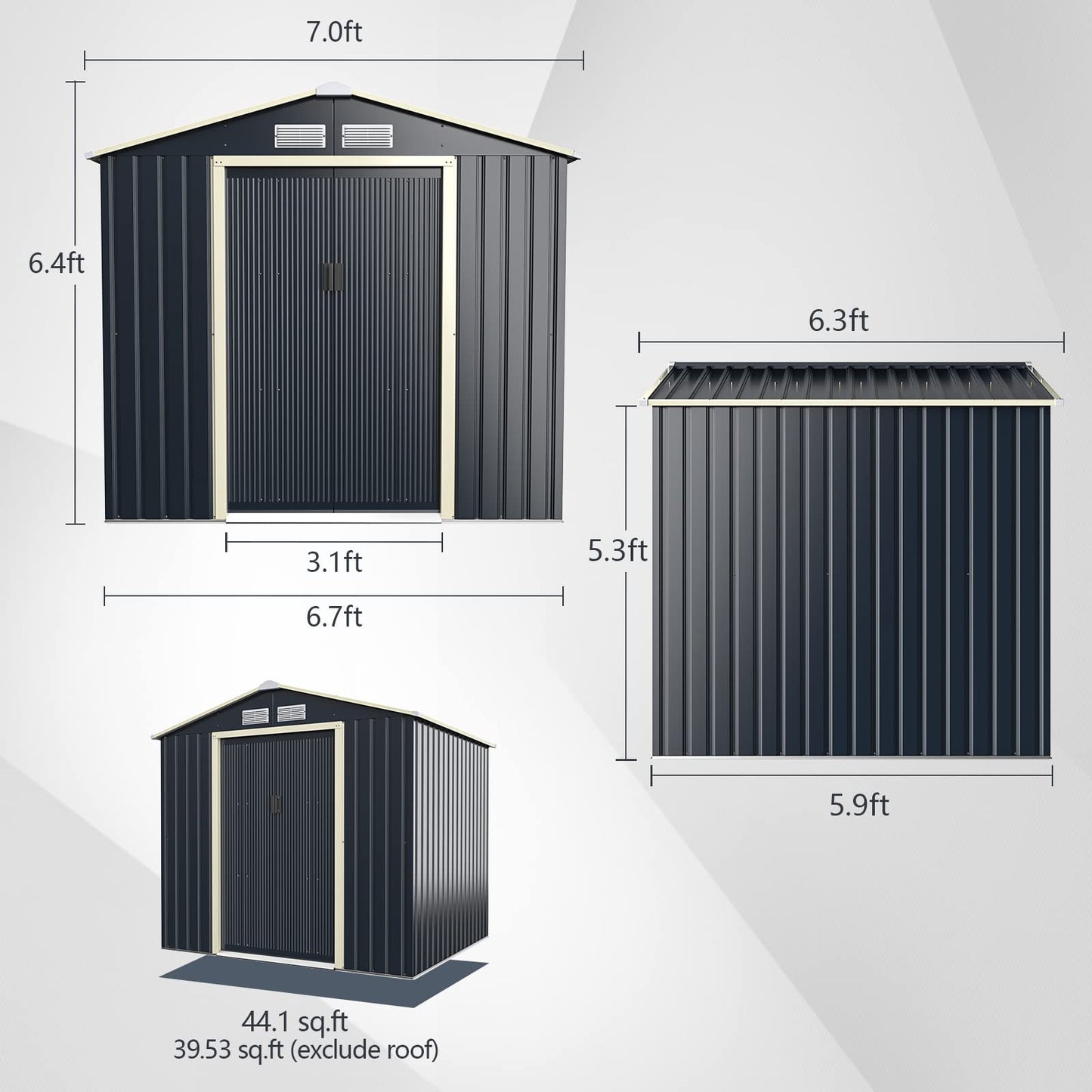 Goplus Abri de rangement extérieur en métal 7' x 6' avec 4 aérations et double porte coulissante, abri de rangement pour outils utilitaires pour jardin, patio, pelouse 7' x 6' 