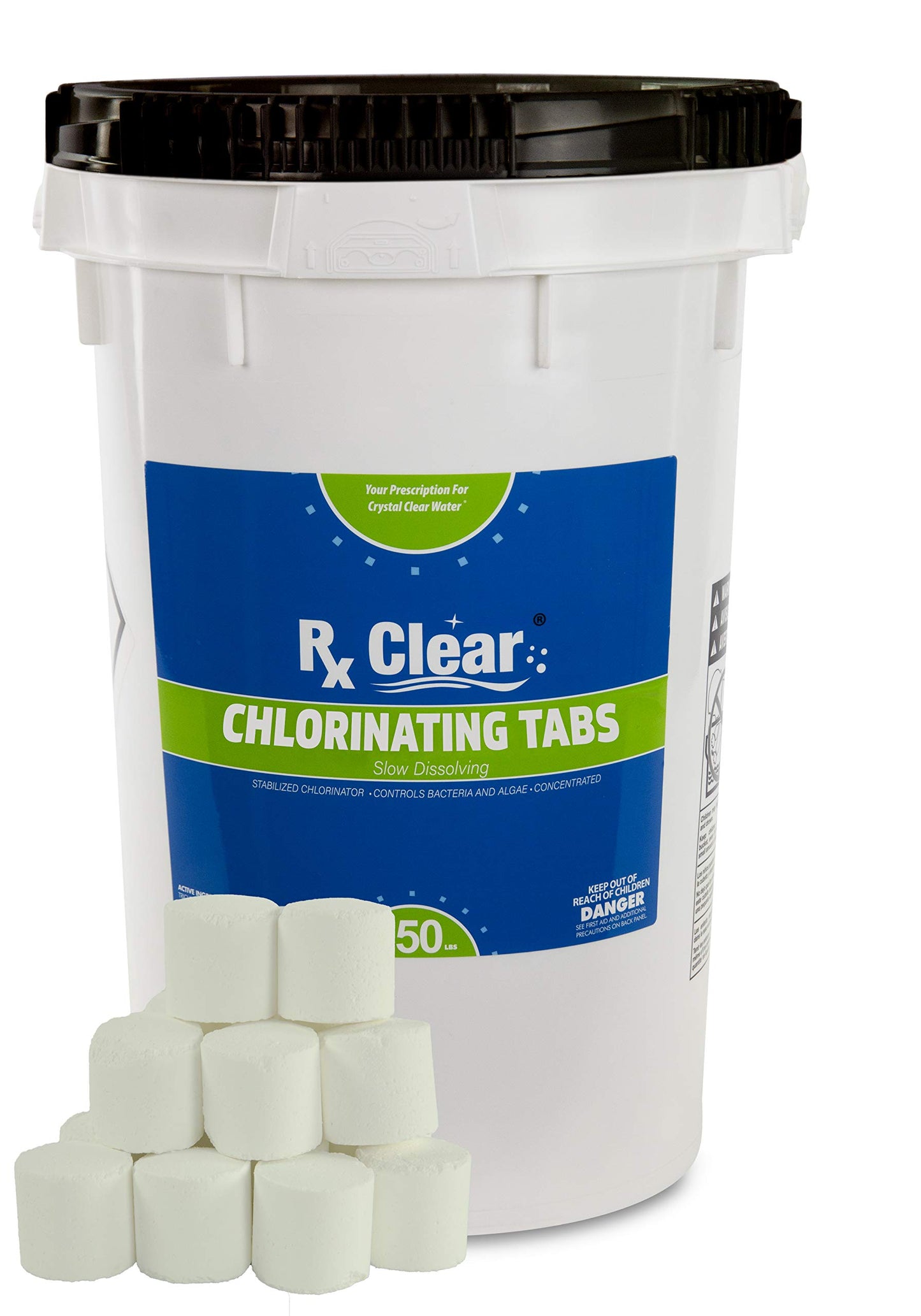 Rx Clear 1-Inch Stabilized Chlorine Tablets | Use As Bactericide, Algaecide, and Disinfectant in Swimming Pools and Spas | Slow Dissolving and UV Protected | 50 Lbs