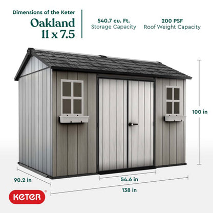 Keter Oakland Abri de rangement extérieur personnalisable en résine 11' X 7,5' - Parfait pour les gros objets et la construction durable avec puits de lumière et fenêtres de style victorien Gris 11 x 7,5 