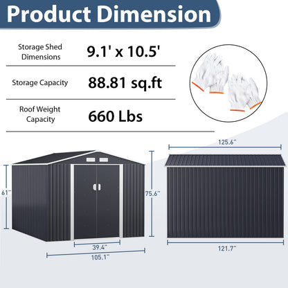 JAXPETY Grand abri de rangement extérieur de 9,1' x 10,5', abri de jardin en métal galvanisé pour jardin, terrasse, pelouse, abri de jardin avec doubles portes verrouillables et quatre aérations, gris 9,1x10,5 