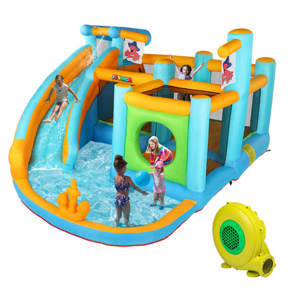 JOYMOR Parc de toboggans gonflables, maison de rebond sur le thème des pirates avec parcours d'obstacles, canon à eau, piscine à éclaboussures, toboggan aquatique Bouncer Castle Maison de jeu extérieure pour enfants (ventilateur inclus)