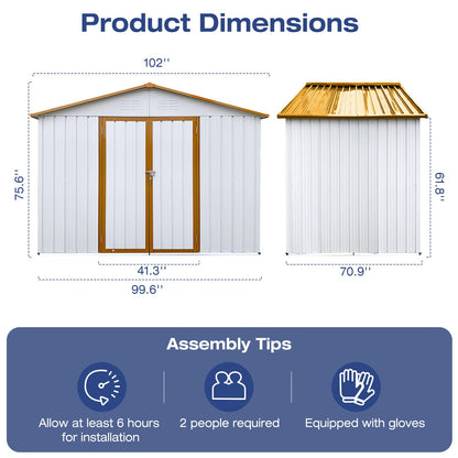 Lyromix 8' × 6' Metal Outdoor Storage Shed with Door & Lock, Waterproof Garde Storage Tool Shed with Base Frame for Backyard Patio,White-Yellow White-Yellow 8*6 FT