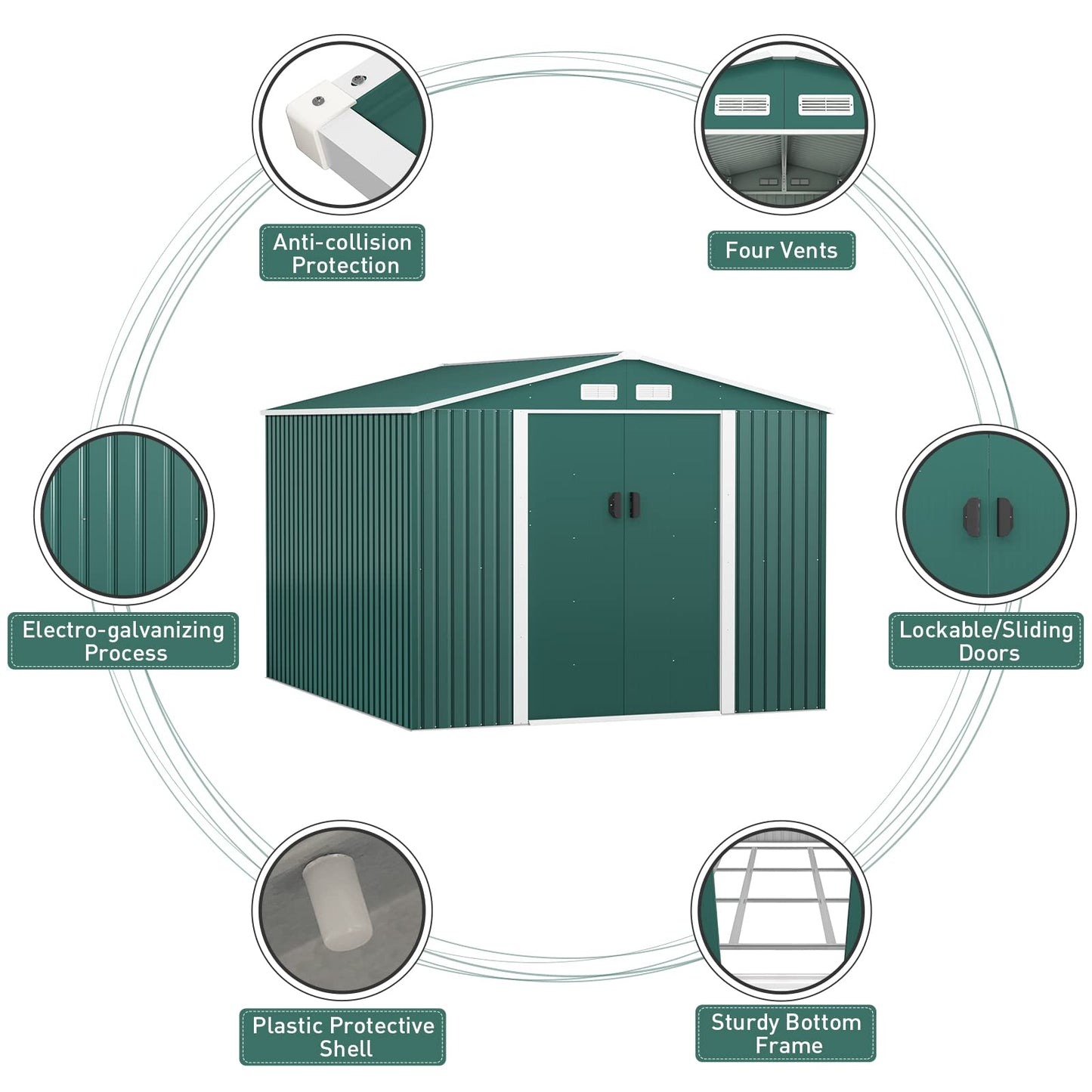 HOGYME Grand abri de rangement en métal de 10,5' x 9,1', abris de jardin et espace de rangement extérieur adapté aux outils de jardin, vélo, échelle de tondeuse à gazon, maison à outils utilitaire avec porte verrouillable/coulissante, 4 aérations, vert 