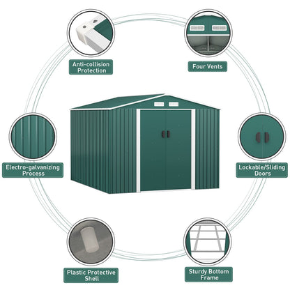 HOGYME Grand abri de rangement en métal de 10,5' x 9,1', abris de jardin et espace de rangement extérieur adapté aux outils de jardin, vélo, échelle de tondeuse à gazon, maison à outils utilitaire avec porte verrouillable/coulissante, 4 aérations, vert 