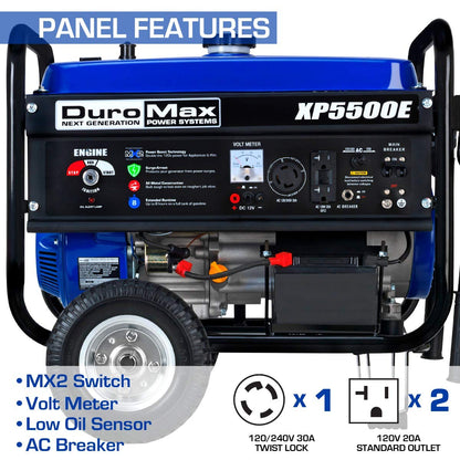 DuroMax XP5500E Gas Powered Portable Generator-5500 Watt Electric Start-Camping & RV Ready, 50 State Approved, Blue/Black 5,500-Watt Gas