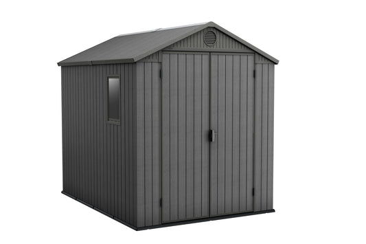 Keter Darwin 6 x 8 Foot Spacious Heavy Duty Storage Shed for Organizing Garden Accessories and Outdoor Tools with Double Doors and High Ceiling, Gray
