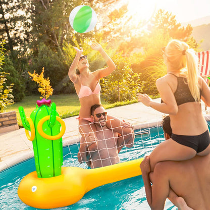 X XBEN Jeu de volley-ball gonflable pour piscine avec lancer d'anneaux, ensemble de flotteurs de piscine avec ballon, filet de volley-ball, jeu de piscine aquatique pour adultes, famille et natation, flotteurs d'été, terrain de volley-ball (jaune)