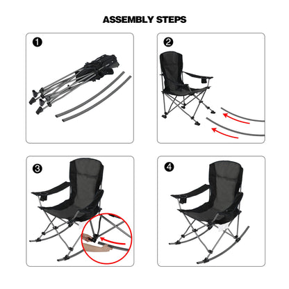 REDCAMP Chaise de camping à bascule pliante avec dossier haut pour adultes, chaises de jardin à bascule portables pour la pêche en terrasse, support jusqu'à 136 kg, noir avec dossier rembourré