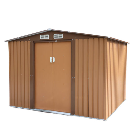 JAXSUNNY Abri de rangement extérieur de 6 x 8 pieds, abri de jardin avec portes coulissantes, bâtiment de stockage utilitaire pour patio, arrière-cour, pelouse, avec 4 aérations, 5,8' de hauteur, café 6' x 8' 