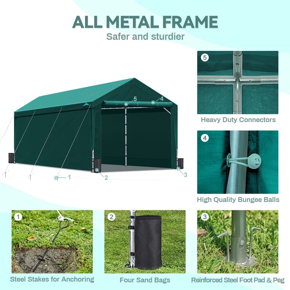 ADVANCE OUTDOOR 12x20 ft Heavy Duty Carport with Sidewalls and Doors, Adjustable Height from 9.5 ft to 11 ft, Car Canopy Garage Party Tent Boat Shelter with 8 Reinforced Poles and 4 Sandbags,Green Green 12'x20'