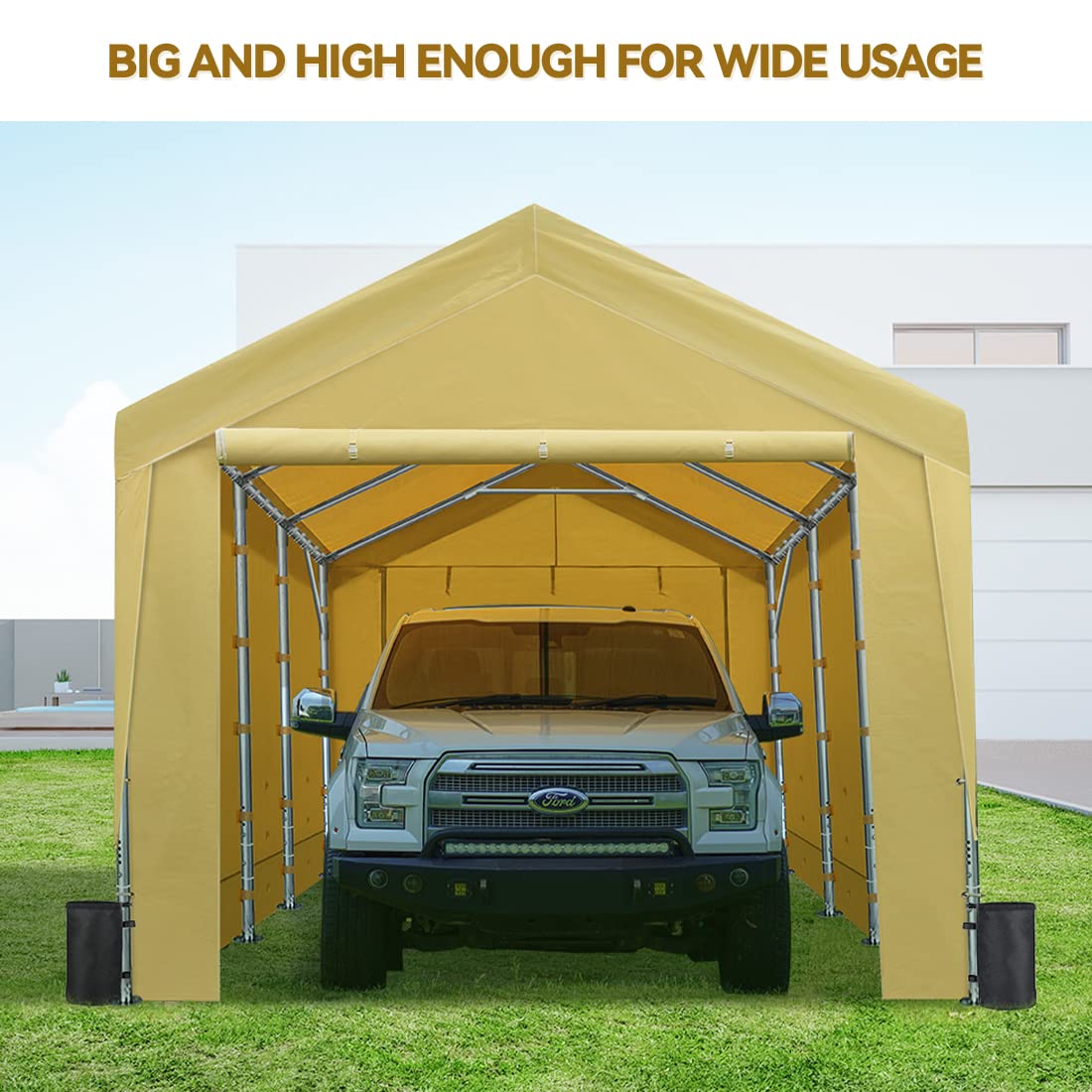 ADVANCE OUTDOOR 12x20 ft Heavy Duty Carport with Sidewalls & Doors, Adjustable Height from 9.5 to 11 ft, Car Canopy Garage Party Tent Boat Shelter 8 Reinforced Poles and 4 Sandbags, Beige 017BY-1 With Sidewall