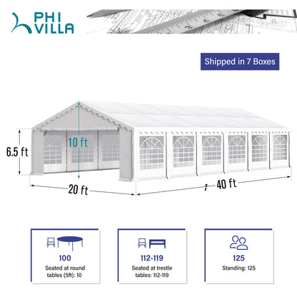 PHI VILLA 40'x20' Tente de fête extérieure robuste, grand auvent commercial, abri d'événement de mariage, abri de voiture avec parois latérales amovibles pour terrasse, événements de jardin en plein air, blanc 40 pieds x 20 pieds 