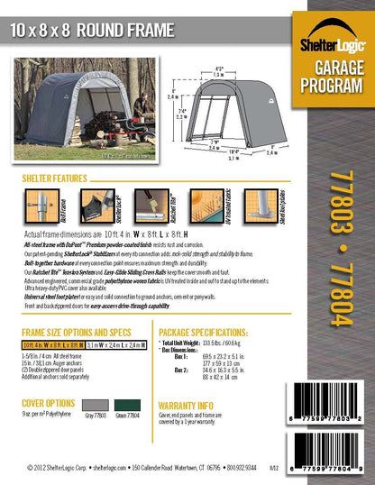 ShelterLogic 77804 Vert 10'x8'x8' Abri de style rond 10'x8'x8' 