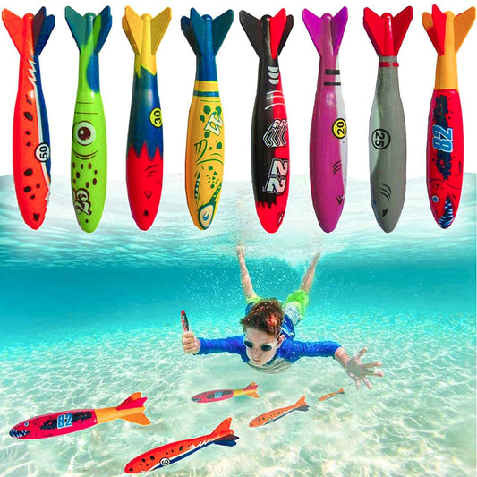 Haktoys Underwater Diving Torpedo Bandits, Swimming Pool Toy 5” Sharks Glides Up to 20 Feet Fun Water Games for Boys and Girls (Set of 8 Pieces) Multicolor Torpedoes