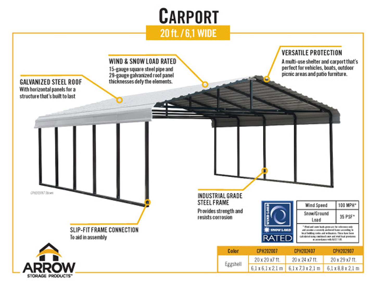 Arrow Carport, 20 ft. x 24 ft. x 7 ft. Eggshell 20' x 24' x 7'