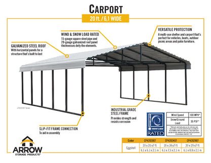 Abri d'auto Arrow, 20 pi x 24 pi x 7 pi. Coquille d'oeuf 20' x 24' x 7' 