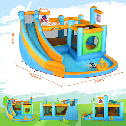 JOYMOR Parc de toboggans gonflables, maison de rebond sur le thème des pirates avec parcours d'obstacles, canon à eau, piscine à éclaboussures, toboggan aquatique Bouncer Castle Maison de jeu extérieure pour enfants (ventilateur inclus)