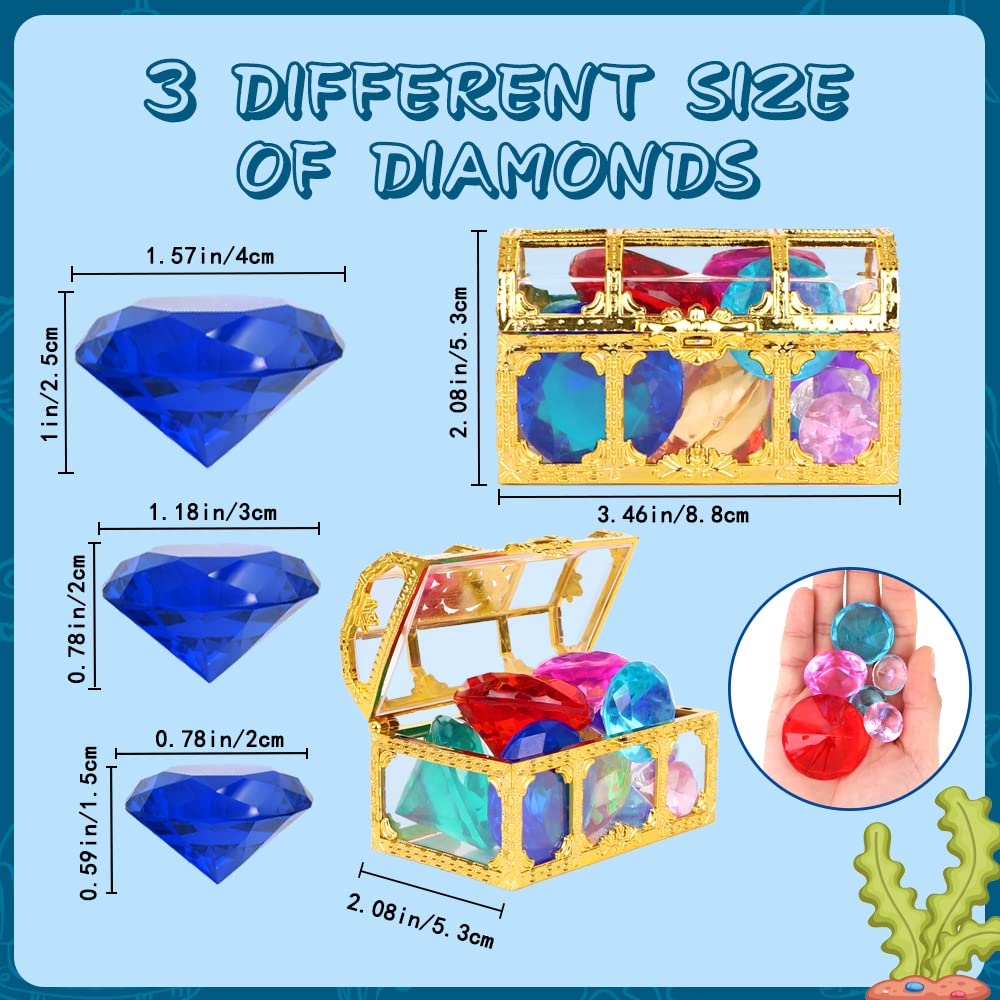 YUJUN Diving Gem Pool Toys 10 Colorful Big Diamond Gem with Treasure Pirate Chest Box Summer Underwater Acrylic Gemstones Set for Kids Swimming Pool Party Favors Assorted