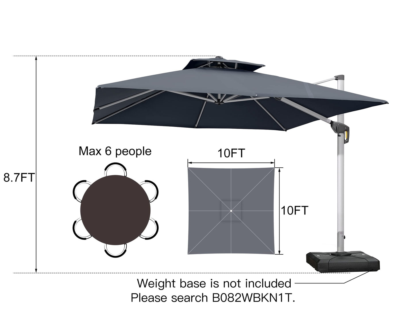 Parasol extérieur carré 10 pieds gris 