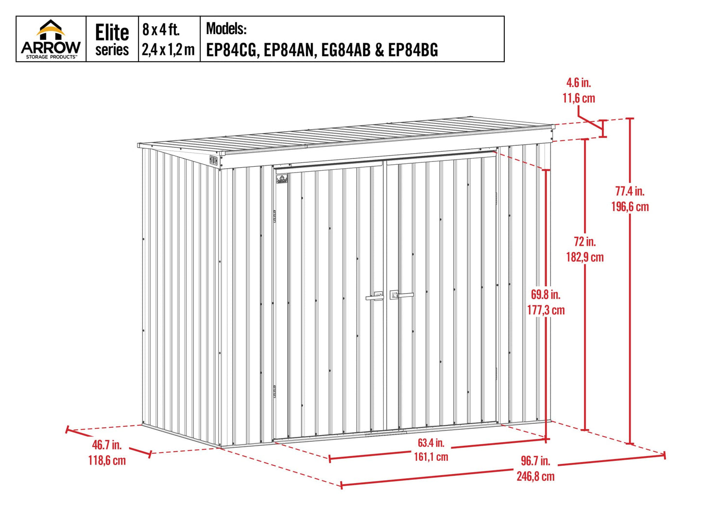 Arrow Shed Elite Hangar de rangement extérieur verrouillable en acier avec toit en pente Anthracite 2,4 x 1,2 m 