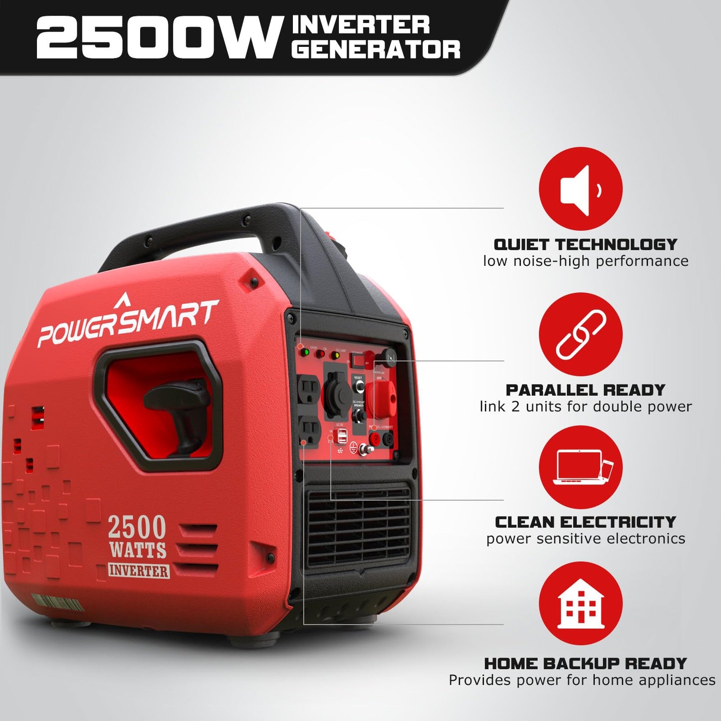 PowerSmart 2500-Watt Portable Inverter Generator, Super Quiet Gas Powered Generator for Camping, Home Use, Outdoor, CARB Compliant 2500 Watts/Red