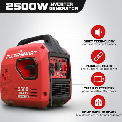 PowerSmart Générateur à onduleur portable 2 500 W, générateur à gaz super silencieux pour le camping, usage domestique, extérieur, conforme CARB 2 500 W/rouge 