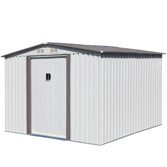 JAXSUNNY 8 x 8 FT Large Outdoor Storage Shed, Garden Shed Tool House w/ Sliding Doors, Steel Tool Sheds for Patio, Backyard, Lawn, with 4 Vents & Apex Roof light gray 8' x 8'