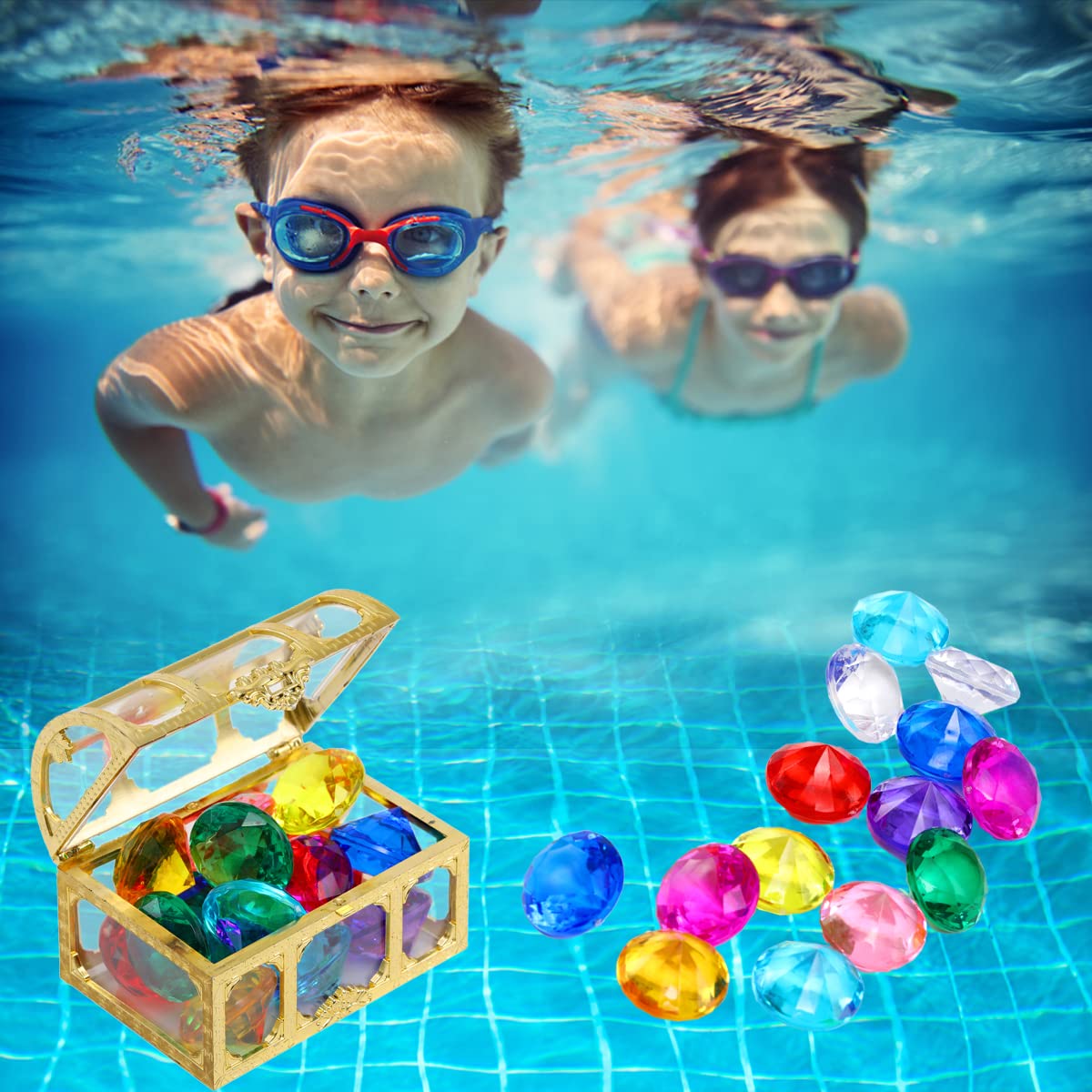 CHENYU Diving gem Pool Toys Sand Toys,14 Color Diamond Treasure Chest Summer Swimming gems Pirate Diving Toy Set Underwater Swimming toyChildren's Game Gifts for Boys and Girls (Golden)